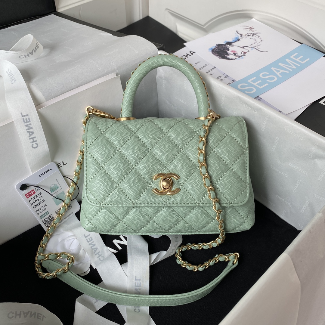 Coco Handle Mini Grained Calfskin Handbag With Top Handle AS2215 Jade Green